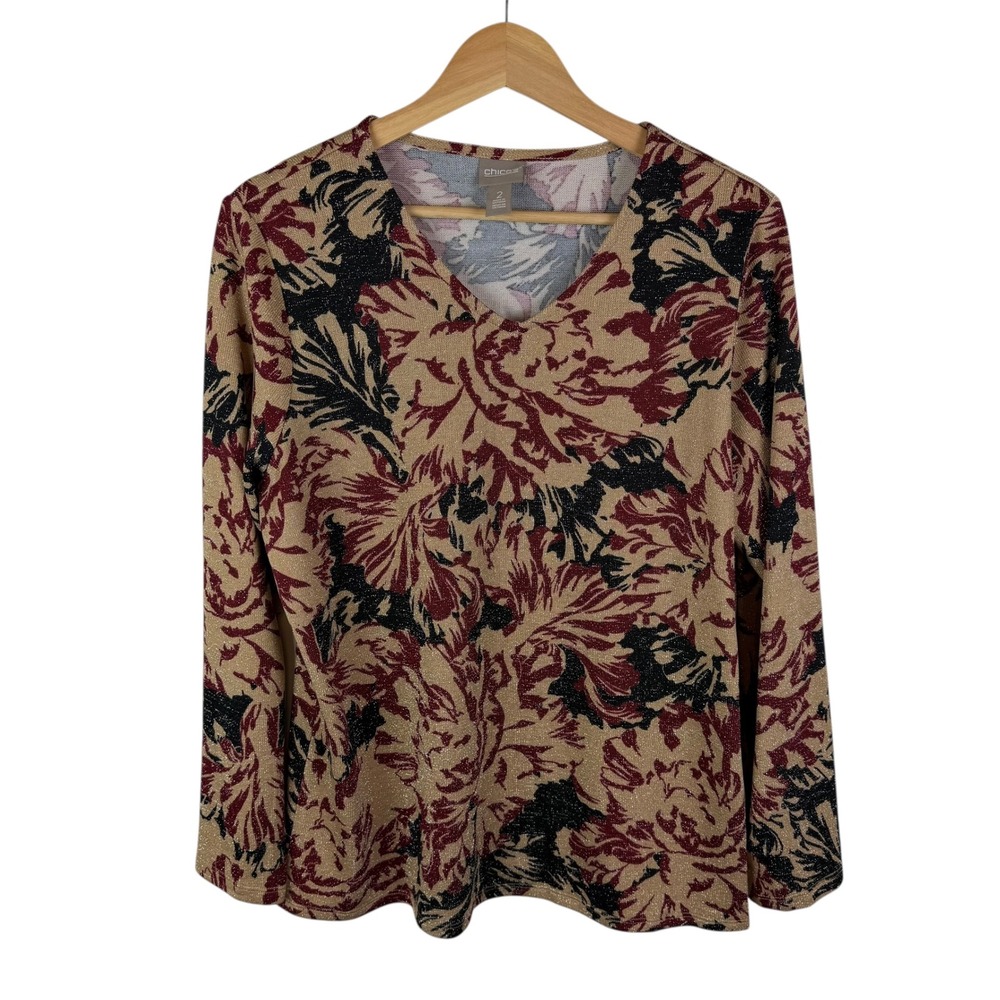 Chicos Womens Metallic Floral‎ Knit V-Neck Top Size 2 Large Stretch Comfy Office